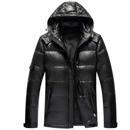 Chaqueta de cuero Genuino con capucha para hombre