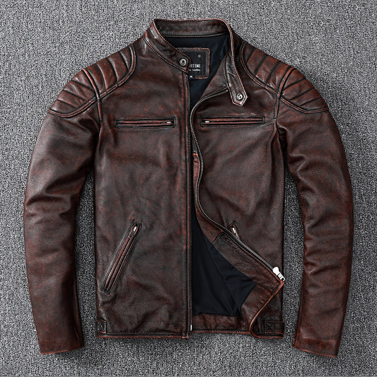 Chaqueta de cuero marrón motorista