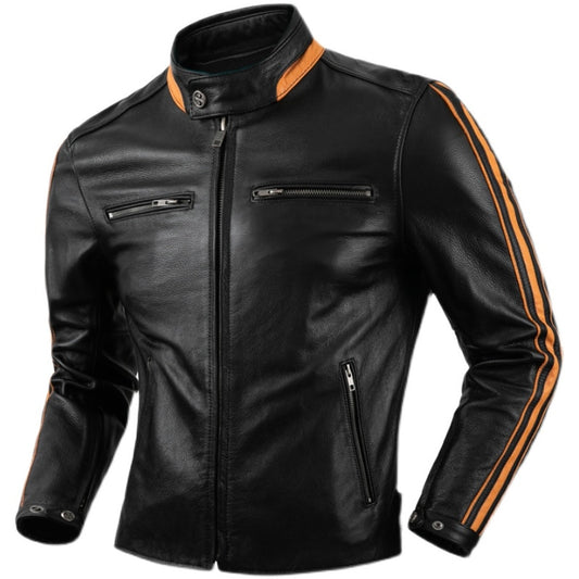 chaqueta negra franjas de cuero genuino