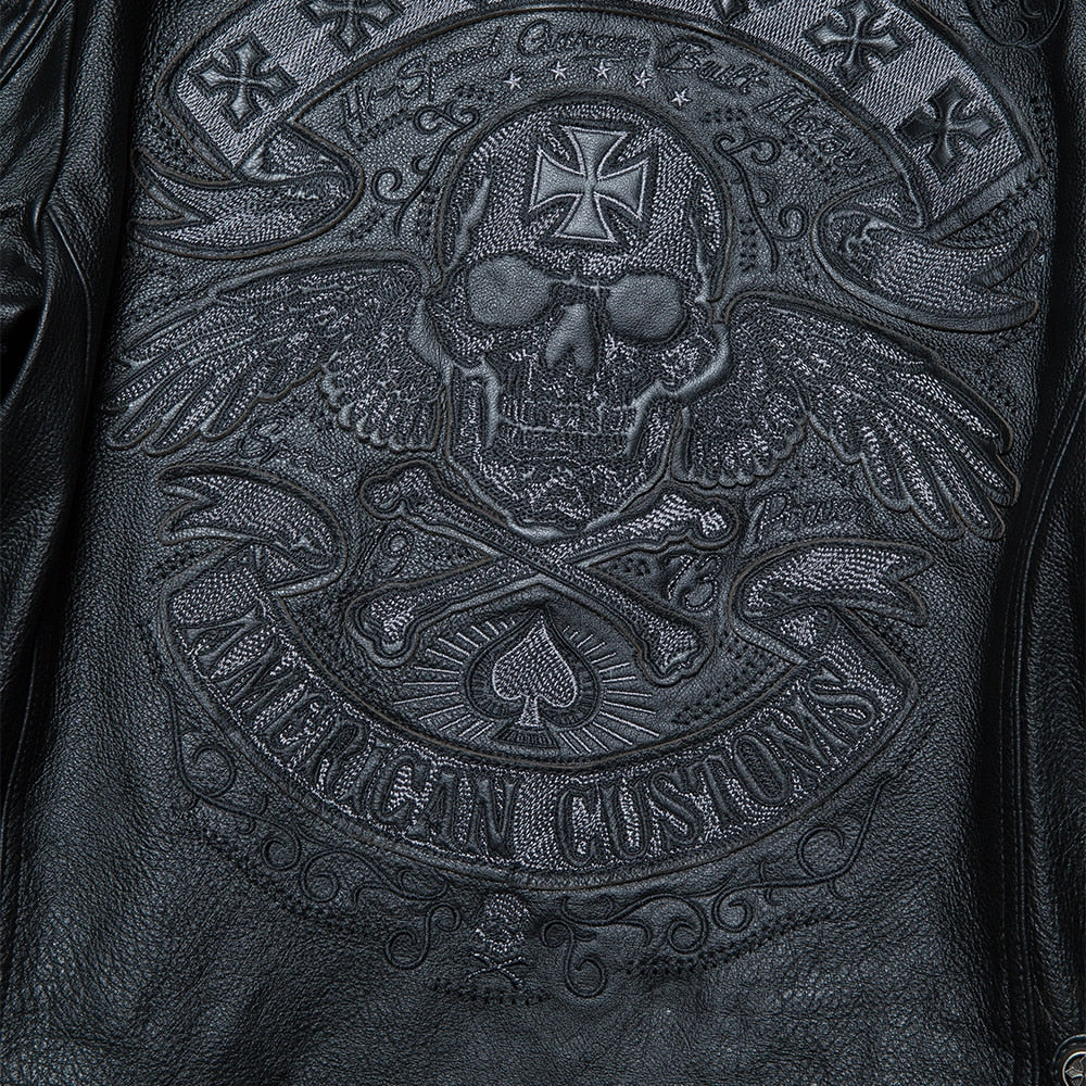 Chaqueta de cuero motoquera bordada